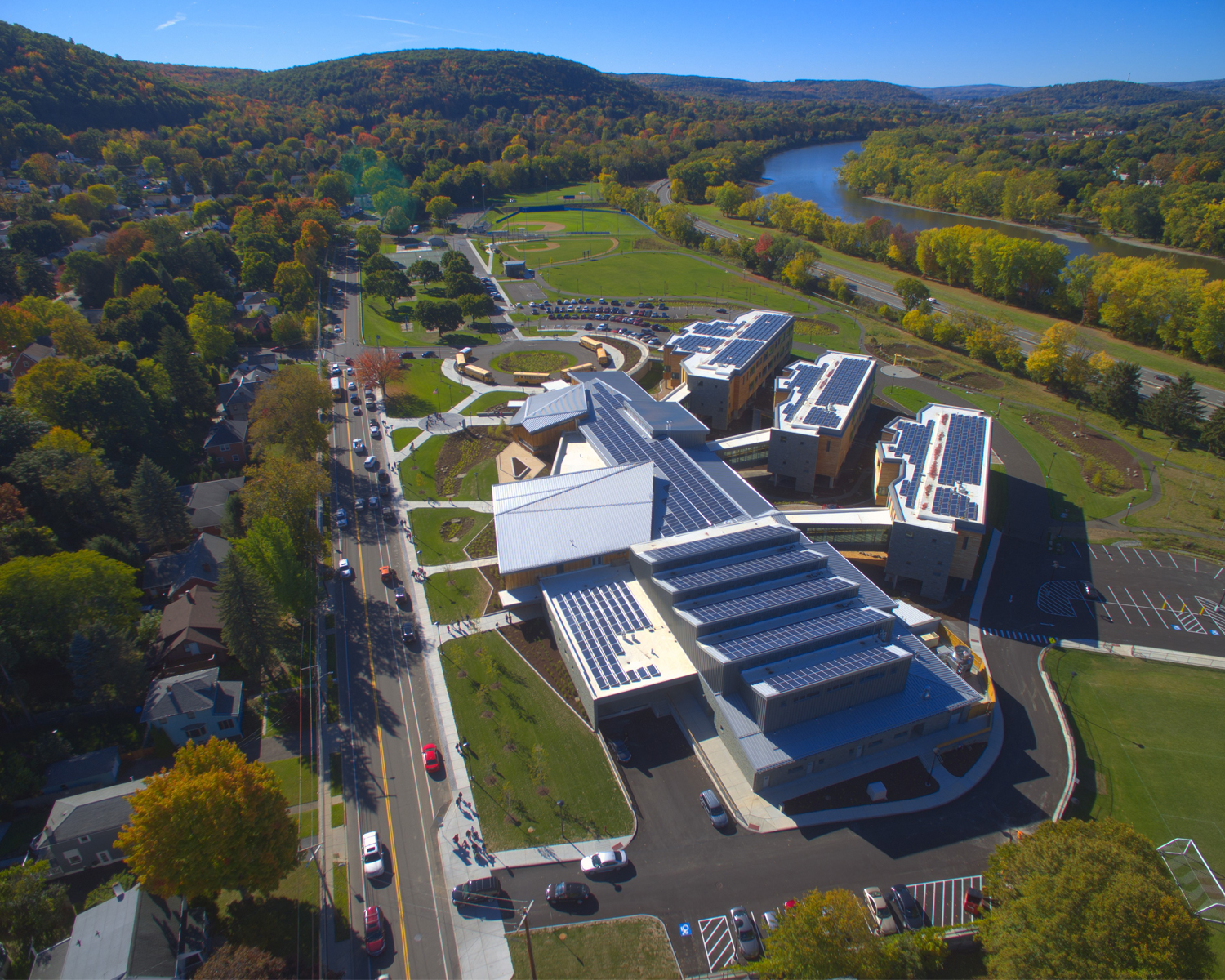 Aerial of school and river